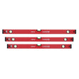 Studio image displaying the 3-piece GEPCO Aluminum Spirit Level Set, featuring 80cm, 90cm, and 100cm lengths. Constructed from lightweight and durable aluminum, these levels are ideal for a variety of tasks where shorter lengths are beneficial. Includes precision vials for accurate leveling at horizontal, vertical, and 45-degree angles. Red and black design scheme. Suitable for DIY enthusiasts and professionals needing compact level sizes