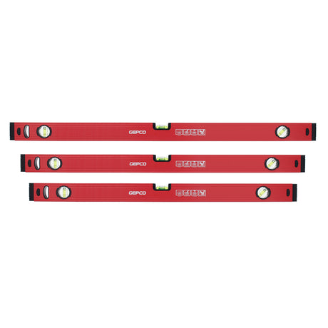 Studio image displaying the 3-piece GEPCO Aluminum Spirit Level Set, featuring 80cm, 90cm, and 100cm lengths. Constructed from lightweight and durable aluminum, these levels are ideal for a variety of tasks where shorter lengths are beneficial. Includes precision vials for accurate leveling at horizontal, vertical, and 45-degree angles. Red and black design scheme. Suitable for DIY enthusiasts and professionals needing compact level sizes