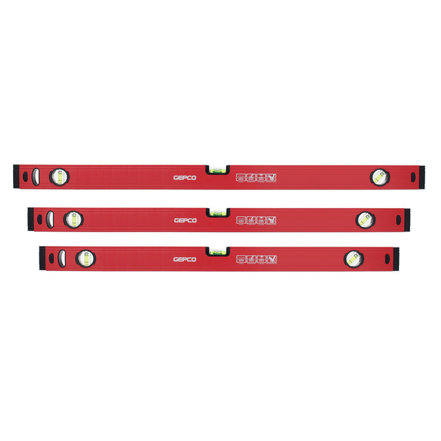Studio image displaying the 3-piece GEPCO Aluminum Spirit Level Set, featuring 80cm, 90cm, and 100cm lengths. Constructed from lightweight and durable aluminum, these levels are ideal for a variety of tasks where shorter lengths are beneficial. Includes precision vials for accurate leveling at horizontal, vertical, and 45-degree angles. Red and black design scheme. Suitable for DIY enthusiasts and professionals needing compact level sizes