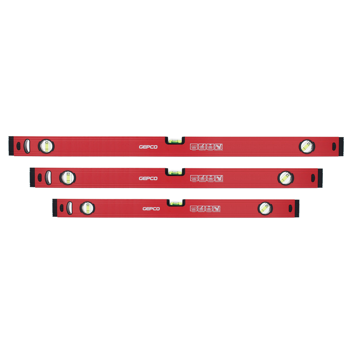 GEPCO 3-piece spirit level set, including aluminum levels in sizes 60cm, 80cm, and 100cm, showcasing the complete set for professional and DIY use