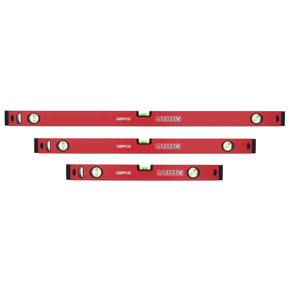 A complete set of 3 GEPCO professional aluminum spirit levels, perfect for accurate measurements in any project