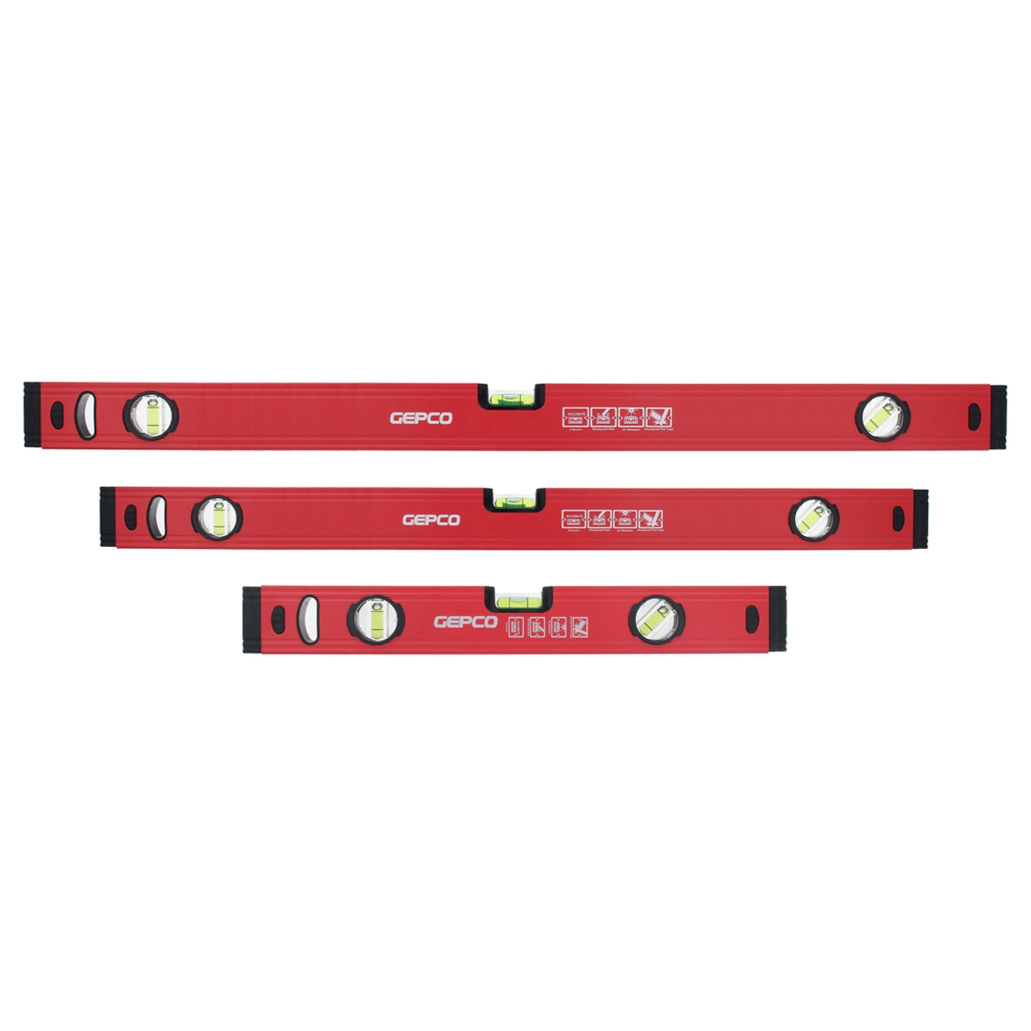 GEPCO 3-piece spirit level set including 40cm, 60cm, and 80cm levels.