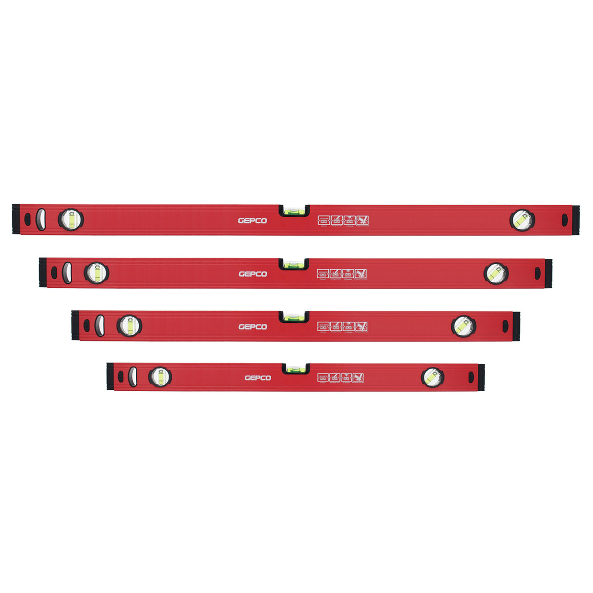 A complete set of 4 GEPCO professional aluminum spirit levels, perfect for accurate measurements in any project.