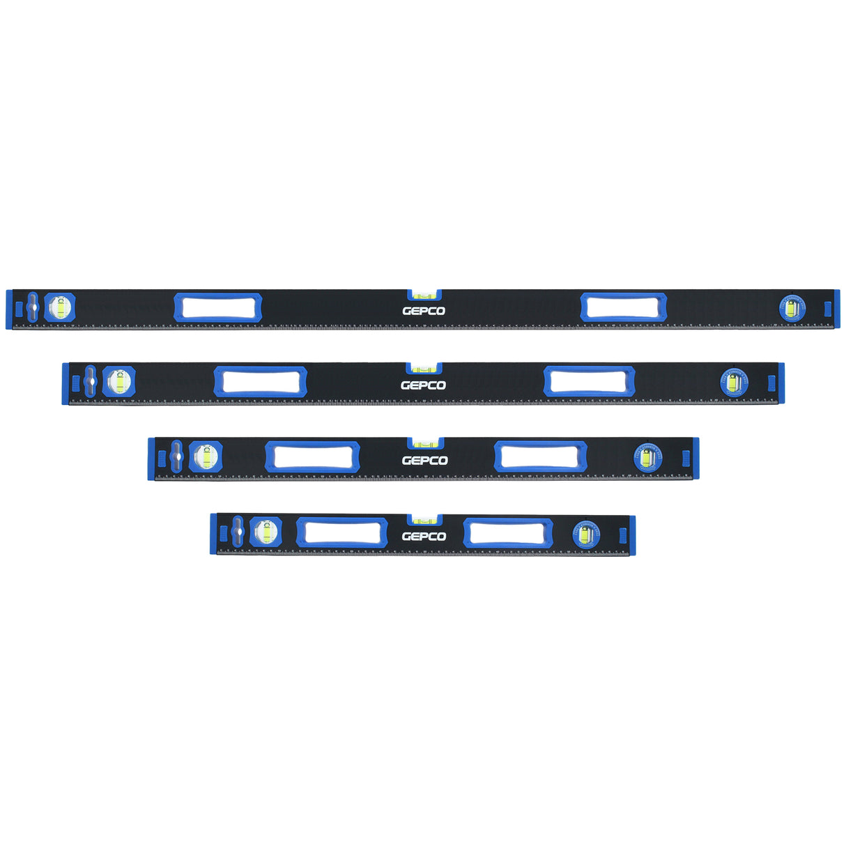 A 4-piece set of GEPCO professional aluminium spirit levels, perfect for accurate measurements in construction and DIY projects.
