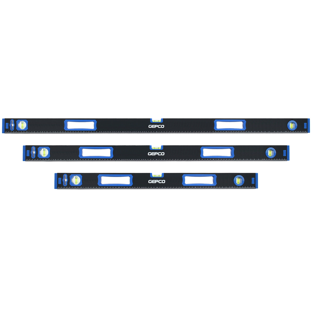 A 3-piece set of GEPCO professional aluminum spirit levels, perfect for accurate measurements in construction and DIY projects