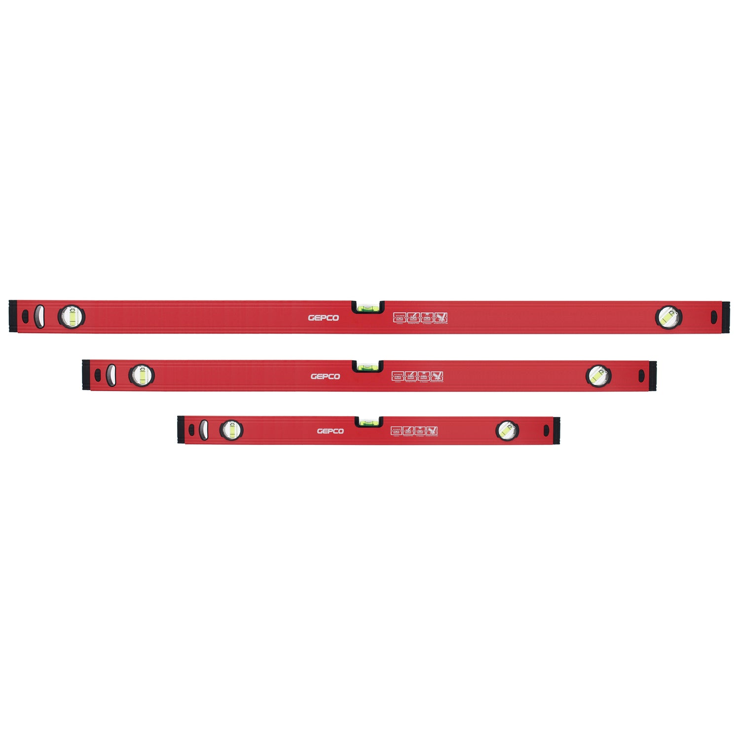 The complete 3-piece GEPCO Professional Aluminum Spirit Level Set, ideal for precise measurements in any situation.
