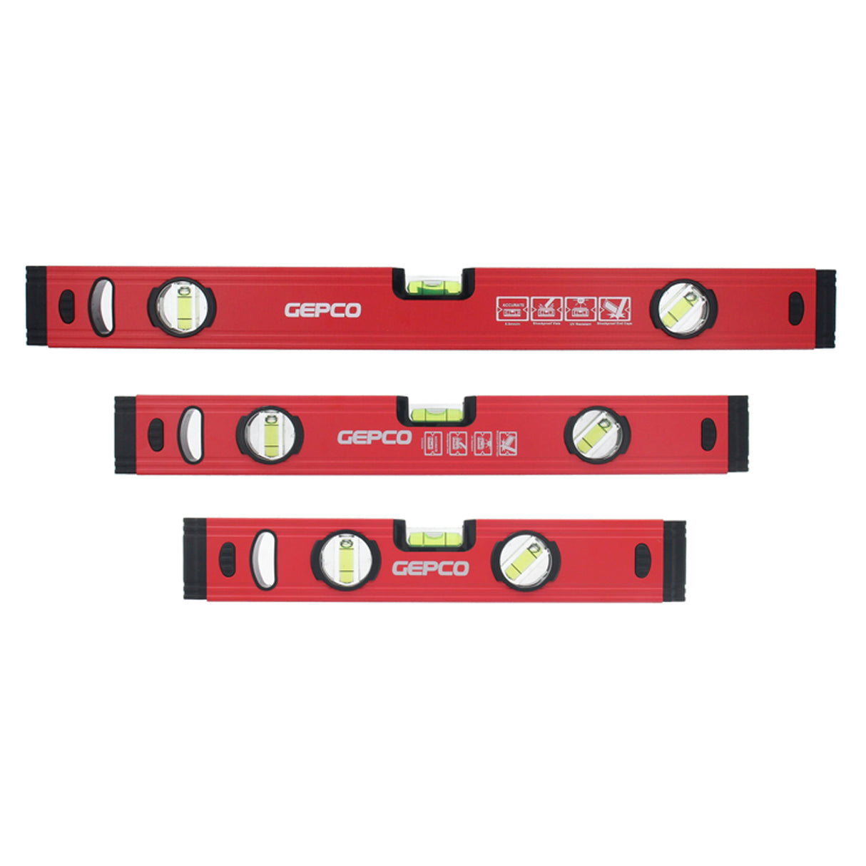 The GEPCO 3-piece spirit level set, made from durable aluminum, ensures accurate measurements for DIY enthusiasts and professionals.
