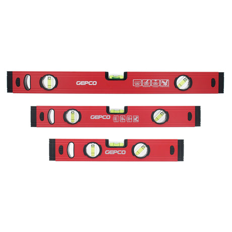 The GEPCO 3-piece spirit level set, made from durable aluminum, ensures accurate measurements for DIY enthusiasts and professionals.