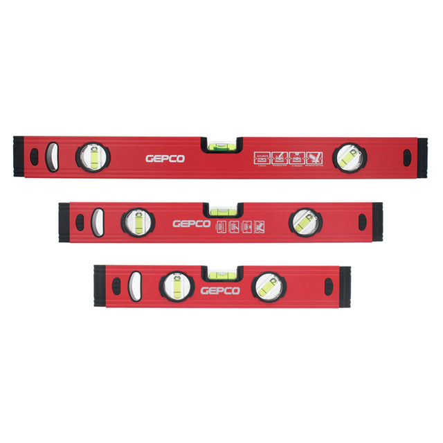 The GEPCO 3-piece spirit level set, made from durable aluminum, ensures accurate measurements for DIY enthusiasts and professionals.