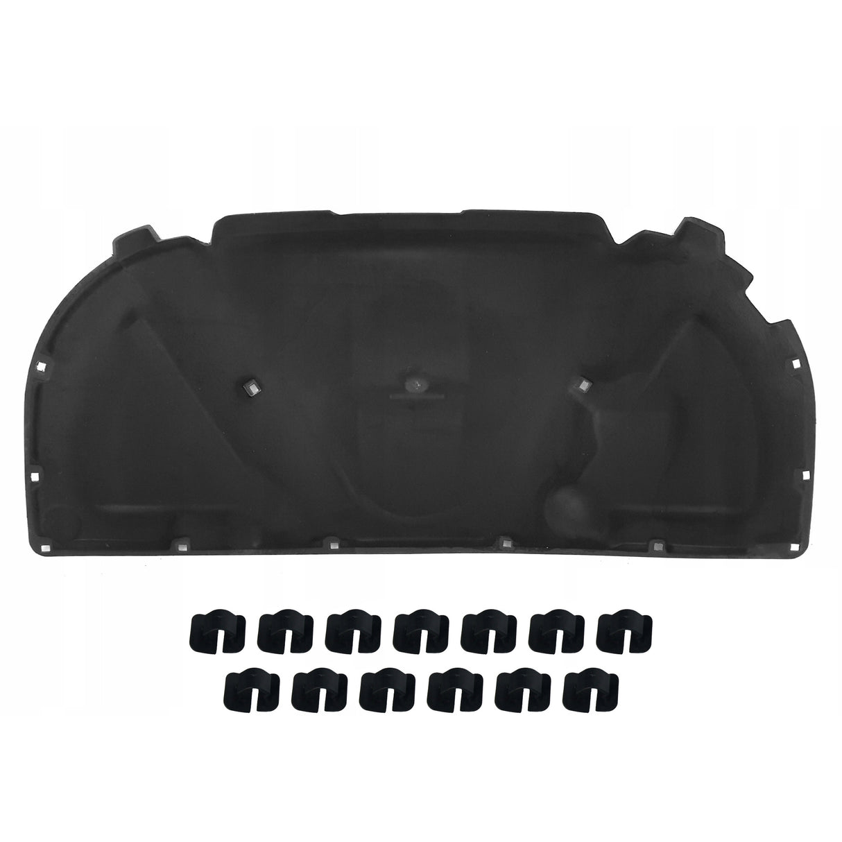 Hood insulation mat for Audi A4 B7 with mounting clips - black sound deadening material with pre-installed attachment points and included mounting clips shown at bottom