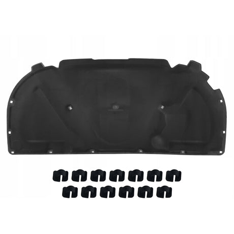 Hood insulation mat for Audi A4 B7 with mounting clips - black sound deadening material with pre-installed attachment points and included mounting clips shown at bottom