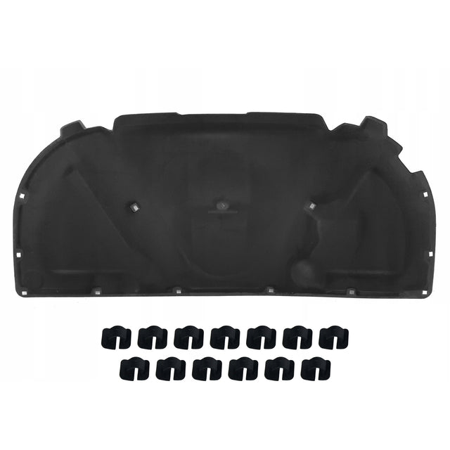 Hood insulation mat for Audi A4 B7 with mounting clips - black sound deadening material with pre-installed attachment points and included mounting clips shown at bottom