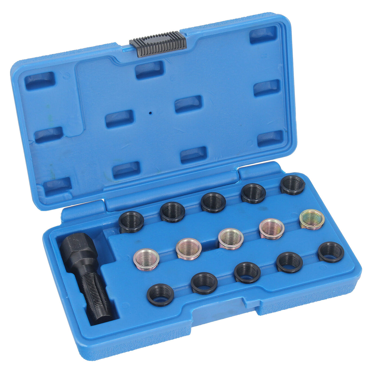 A close-up of the Spark Plug Thread Repair Kit, showcasing the tap and inserts.