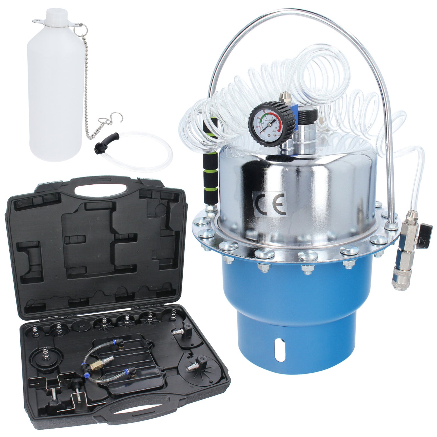 PROFI Druckluft-Bremsenentlüfter+Adapter-Satz Bremsen-Entlüftungsgerät Werkzeug