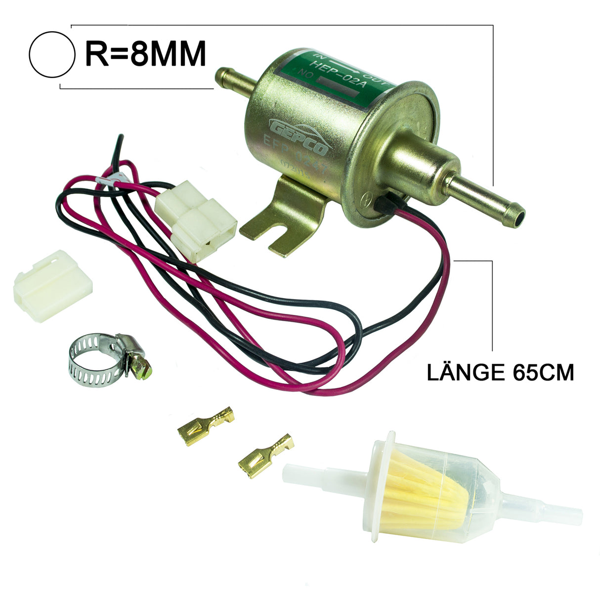 Universale Kraftstoffpumpe Membranpumpe mit Filter D=8mm Kabellänge 650 mm