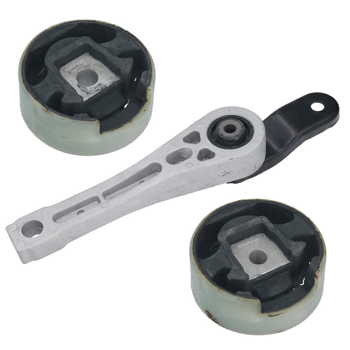 piece rear engine mount set for Audi, Seat, Skoda, and VW. Complete kit view, upper and lower mounts included.