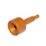 1/4" drive of the heat shield tension washer clamp tool, designed for use with a cordless drill or wrench.