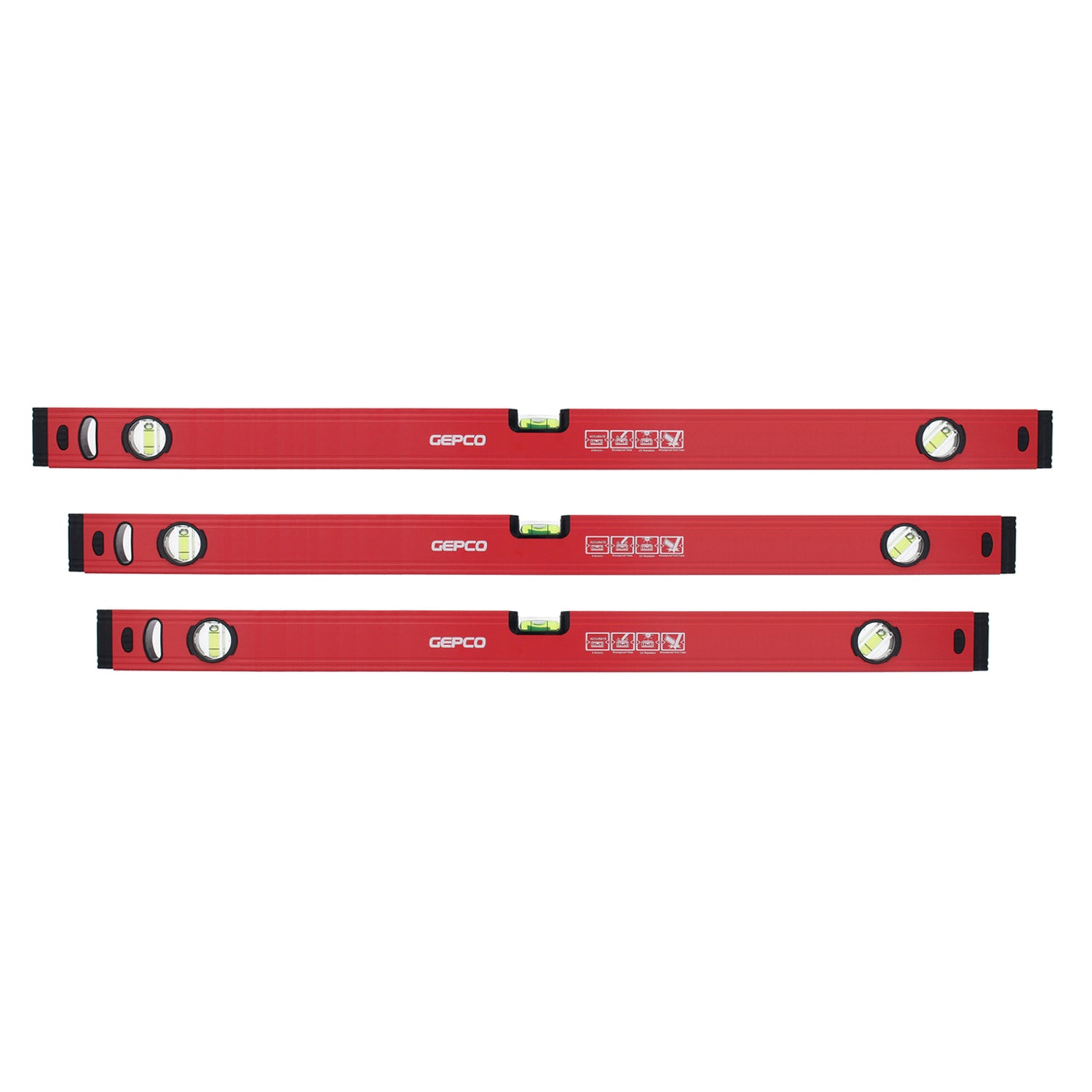 Studio image displaying the 3-piece GEPCO Aluminum Spirit Level Set, featuring 80cm, 90cm, and 100cm lengths. Constructed from lightweight and durable aluminum, these levels are ideal for a variety of tasks where shorter lengths are beneficial. Includes precision vials for accurate leveling at horizontal, vertical, and 45-degree angles. Red and black design scheme. Suitable for DIY enthusiasts and professionals needing compact level sizes