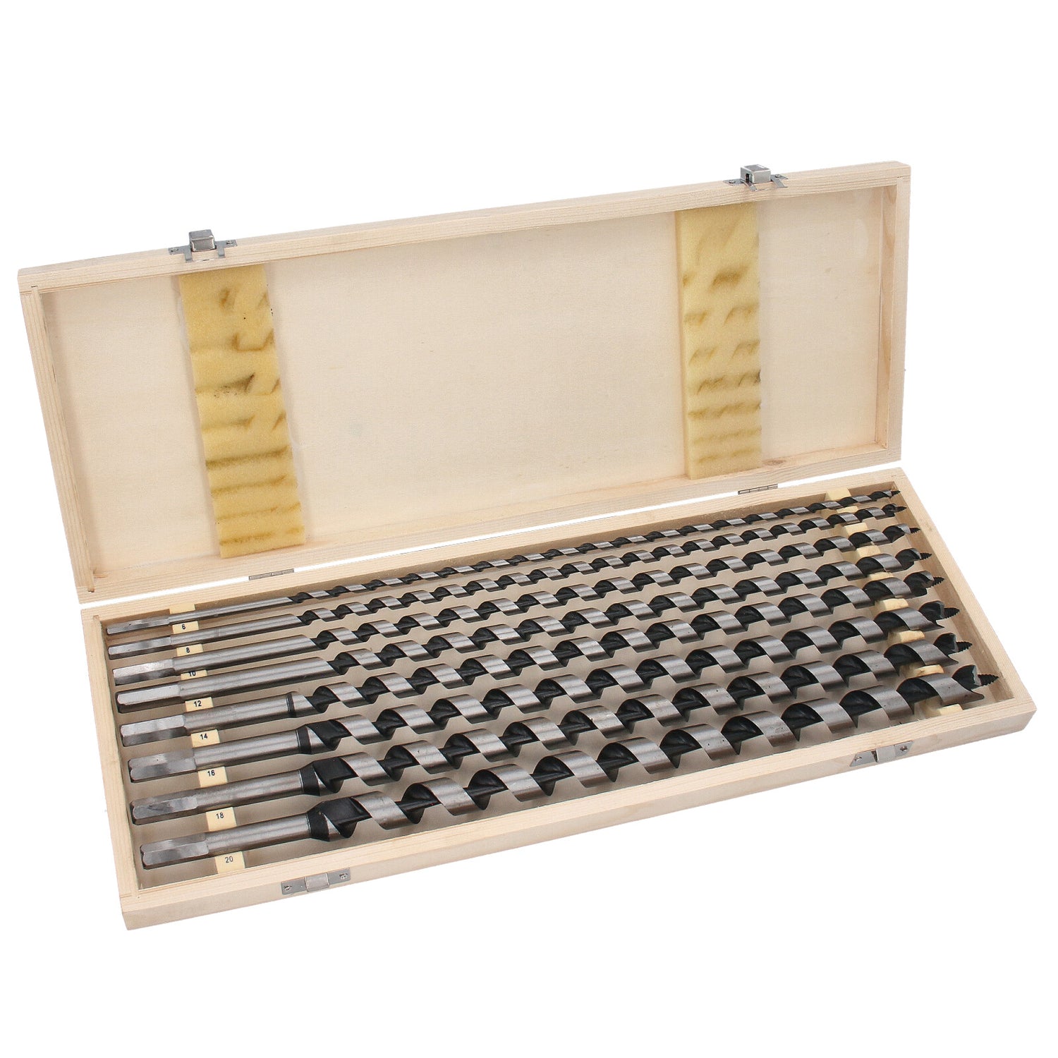 Image of the GEPCO Advanced Technology 8-piece auger drill bit set displayed in its wooden storage case. Set includes sizes from 6mm to 20mm, ideal for professional woodworking and DIY. Durable and organized storage solution included