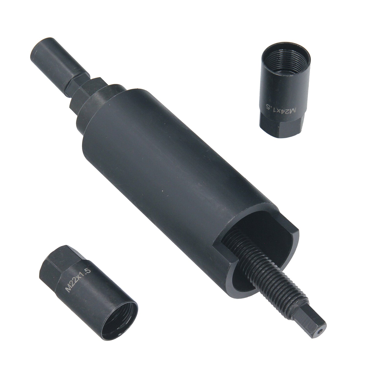 CV axle hub installer tool in use, pulling a drive shaft into a wheel hub on an Audi vehicle. Tool in operation.