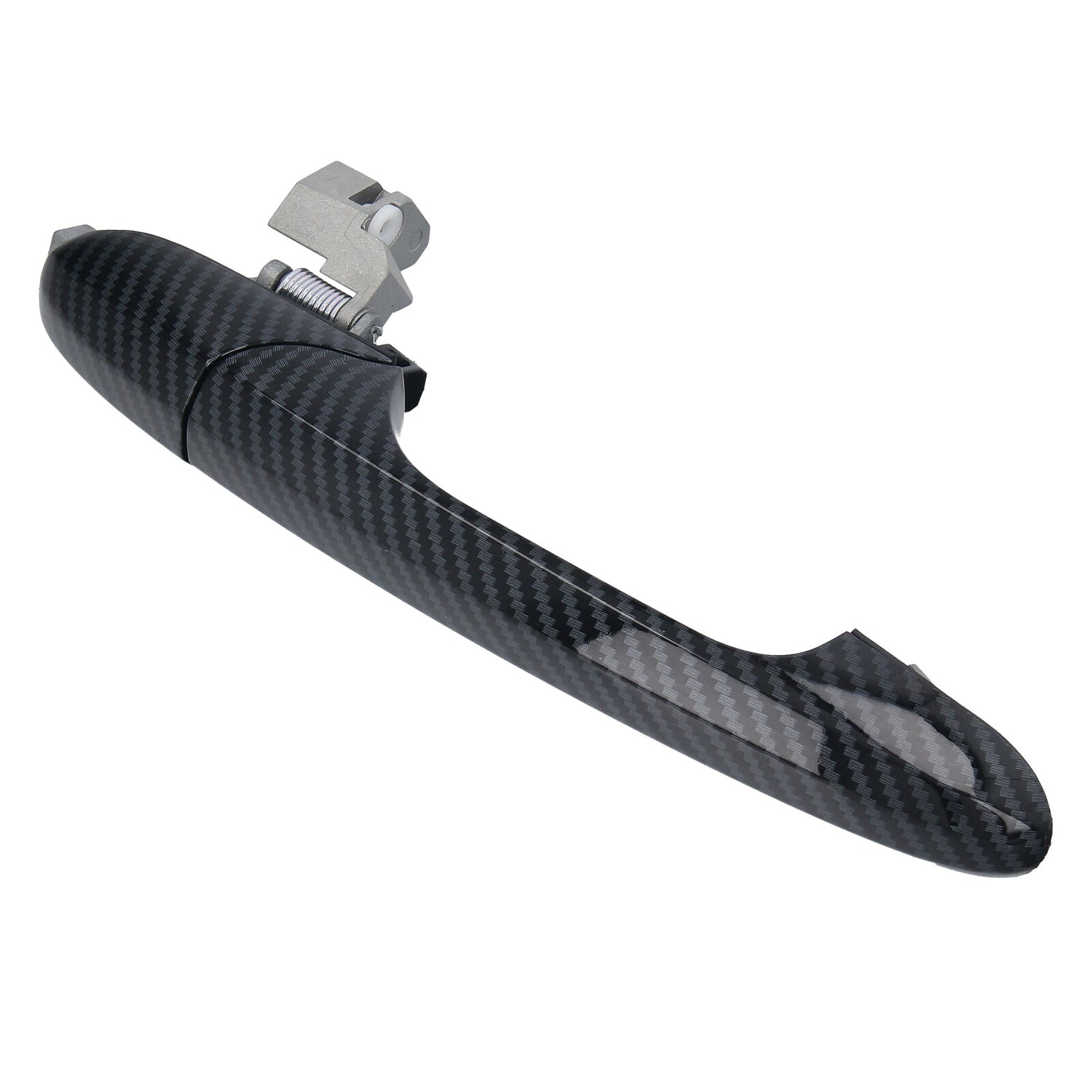 Carbon look exterior door handle for Fiat 500 and 500C, front right passenger side. Complete product view.