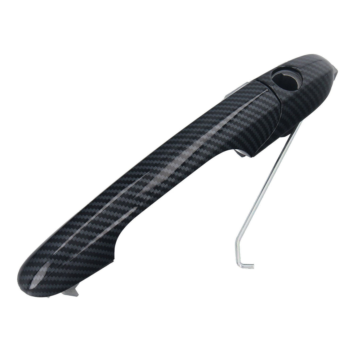 Carbon style exterior door handle for Fiat 500 and 500C, front left driver side. Product full view showcasing carbon finish.