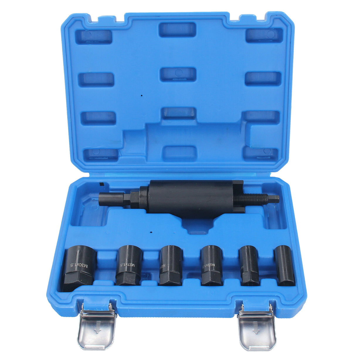 Close-up of various puller nuts (M16-M30) included in the CV axle hub installer tool set.
