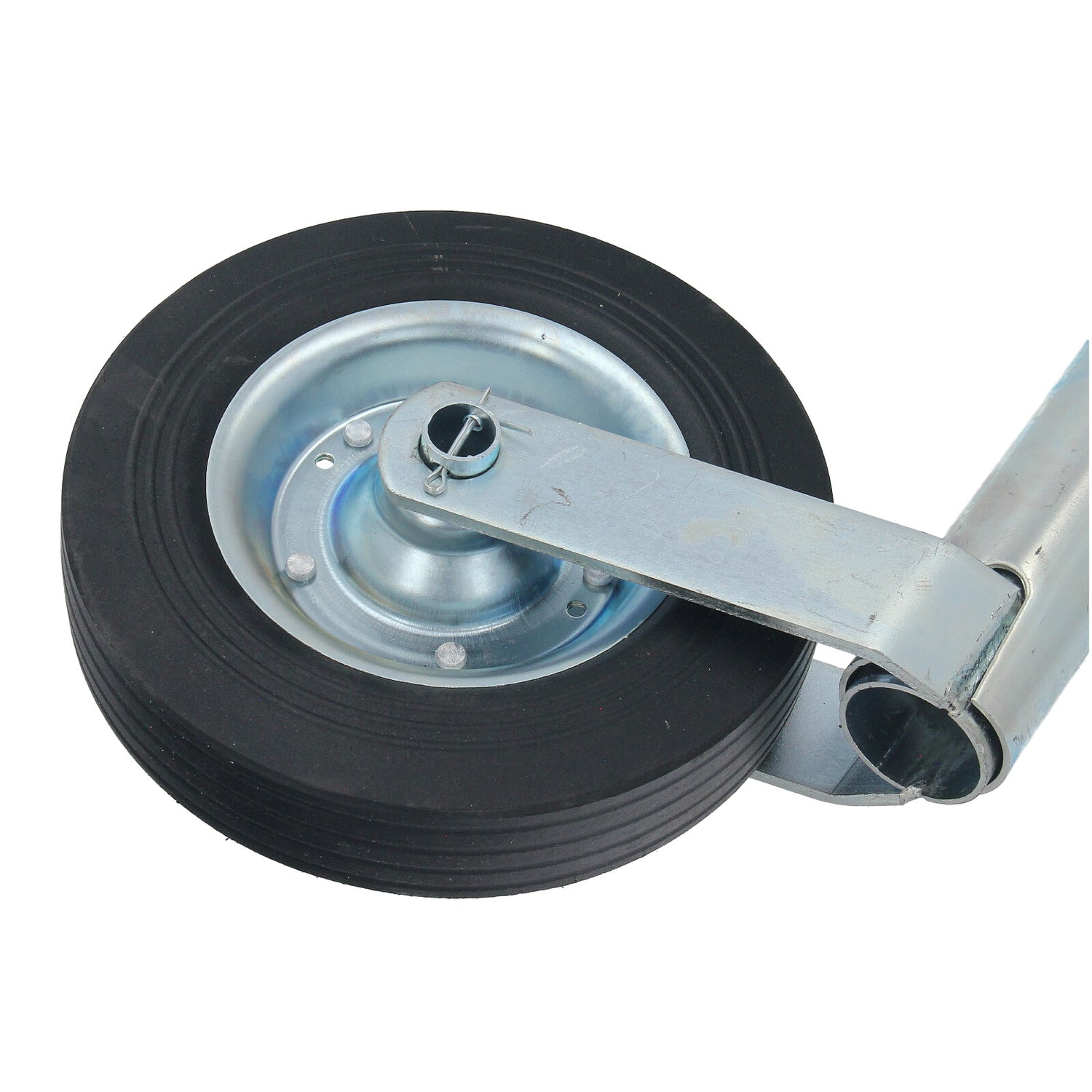 Durable steel and rubber construction of the trailer jockey wheel, built for long-lasting performance