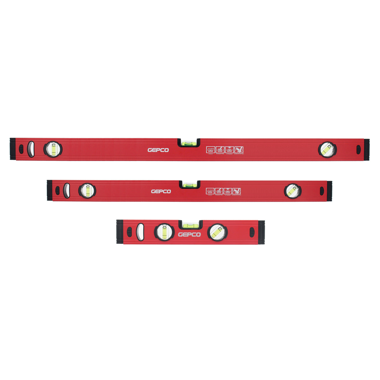 Three GEPCO aluminum spirit levels (30, 60, and 90 cm) arranged side-by-side on a white background. The vials and red casing are visible