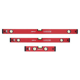 Three GEPCO aluminum spirit levels (30, 60, and 90 cm) arranged side-by-side on a white background. The vials and red casing are visible