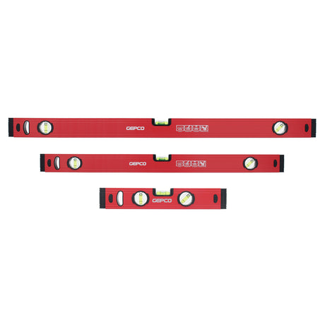 Three GEPCO aluminum spirit levels (30, 60, and 90 cm) arranged side-by-side on a white background. The vials and red casing are visible