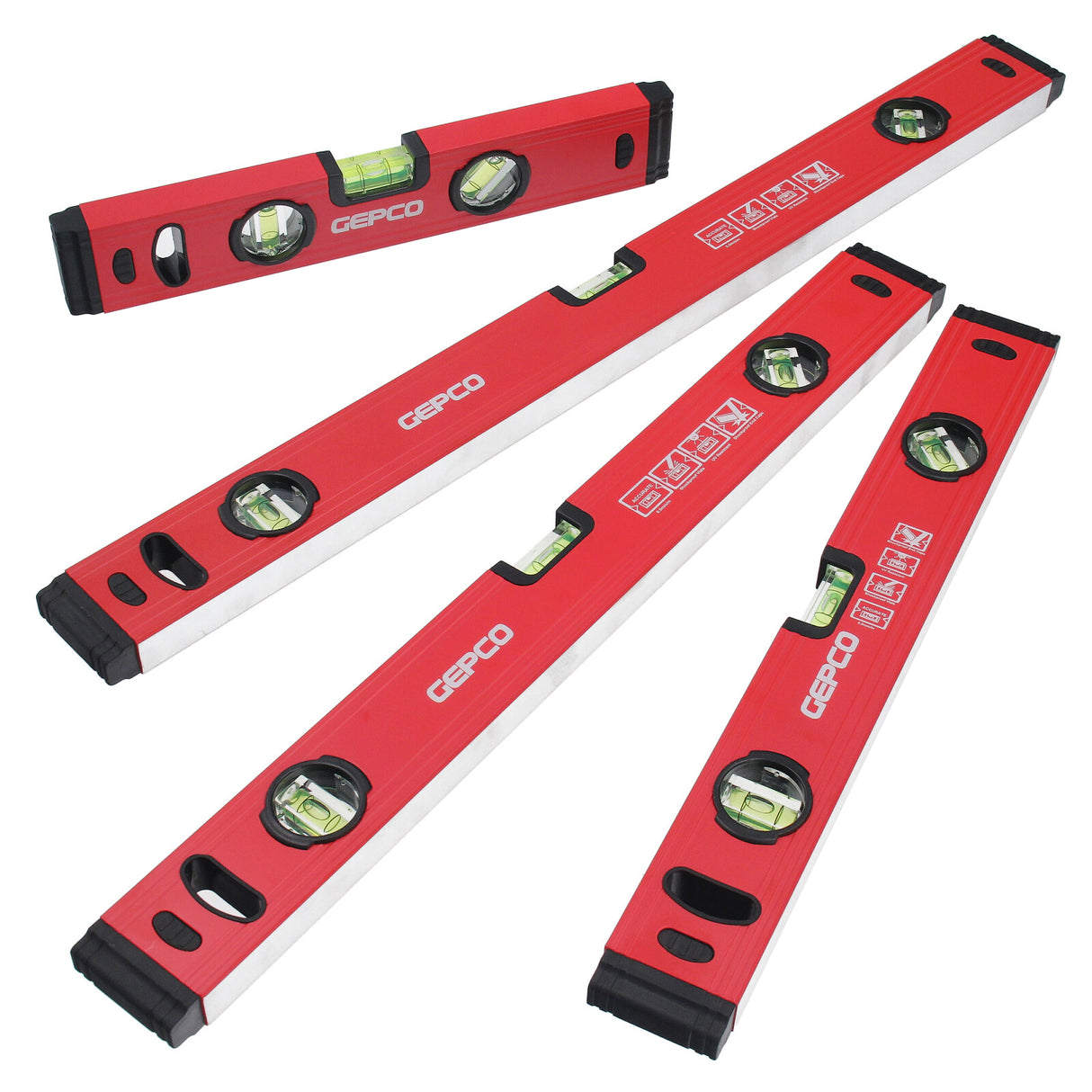 Close-up of a GEPCO aluminum spirit level, showcasing its durable construction and precise vials.