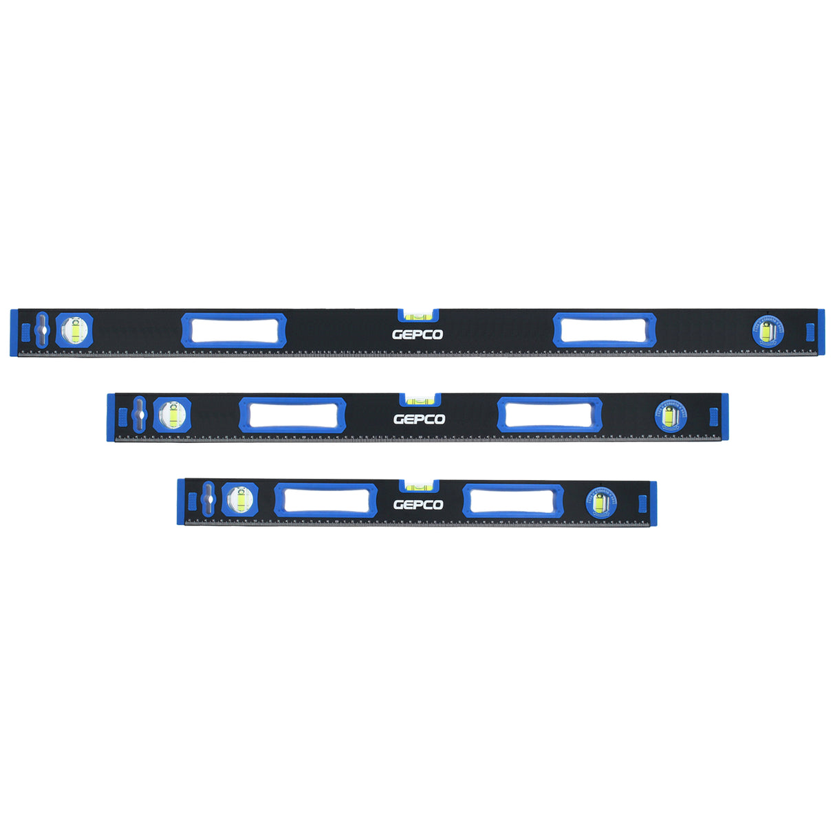 Photo shows 3 GEPCO Pro aluminum spirit levels, 60, 80 and 120 cm long, arranged on a white background