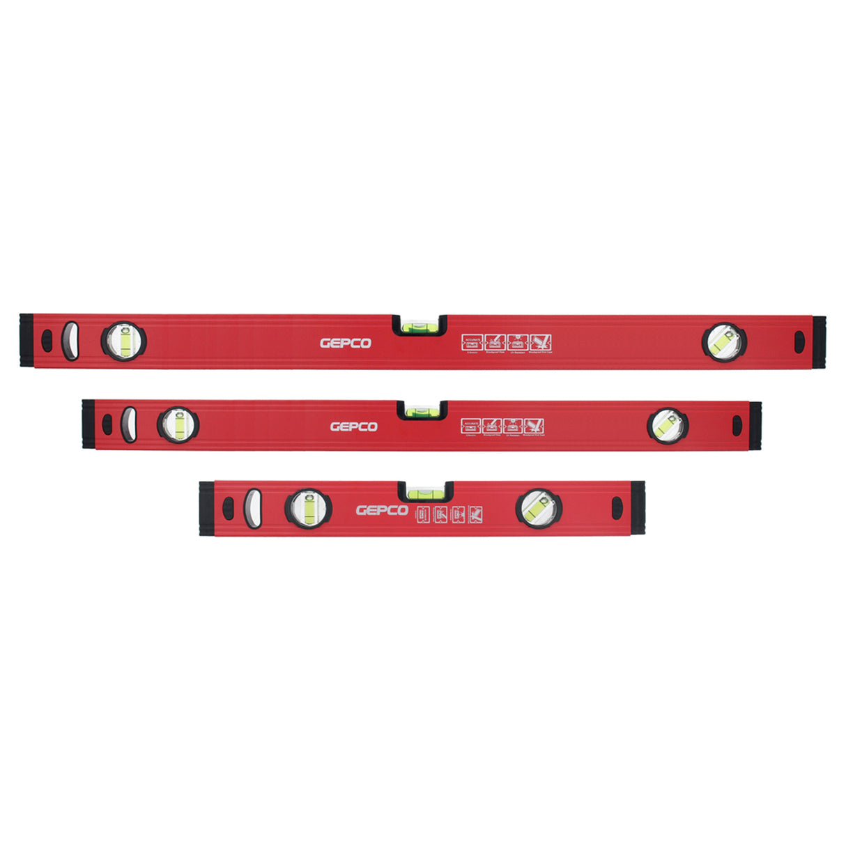 GEPCO 3-piece spirit level set including 40cm, 60cm, and 80cm levels.
