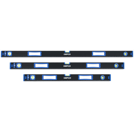 A 3-piece set of GEPCO professional aluminum spirit levels, perfect for accurate measurements in construction and DIY projects