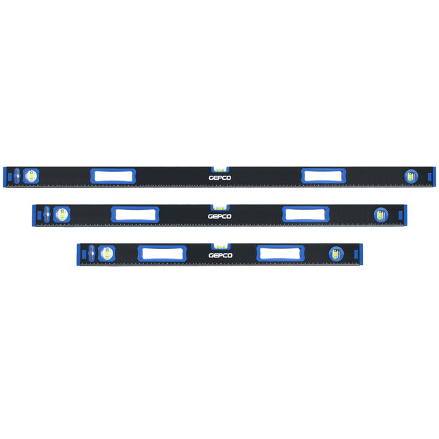 A 3-piece set of GEPCO professional aluminum spirit levels, perfect for accurate measurements in construction and DIY projects