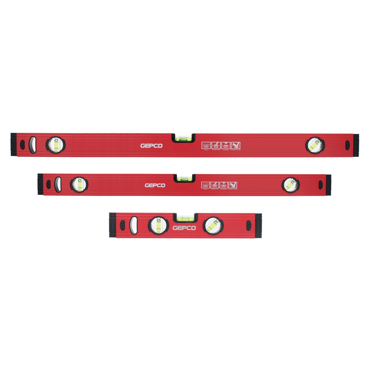 This 3-piece set of GEPCO professional aluminum spirit levels is a must-have for any DIY enthusiast or professional tradesperson. The set includes 30cm, 60cm, and 80cm levels, providing a versatile range for various applications.