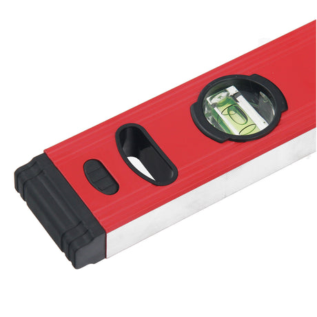 Image showcasing the red and black design of the GEPCO aluminum spirit level set, emphasizing them as precision measuring tools with 3 vials visible on each level.
