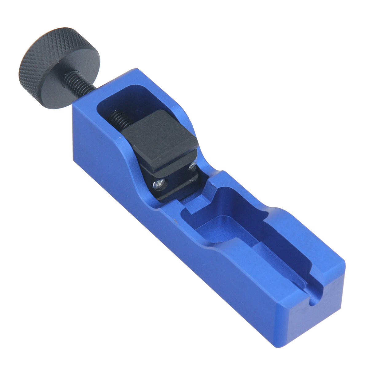 Studio image of the Universal Spark Plug Gap Gauge, a blue anodized aluminum tool for adjusting spark plug gaps from 10mm to 16mm. Features a magnetic base and steel adjustment knob. Essential for precise spark plug gapping and engine maintenance. Professional quality for mechanics and DIY users.
