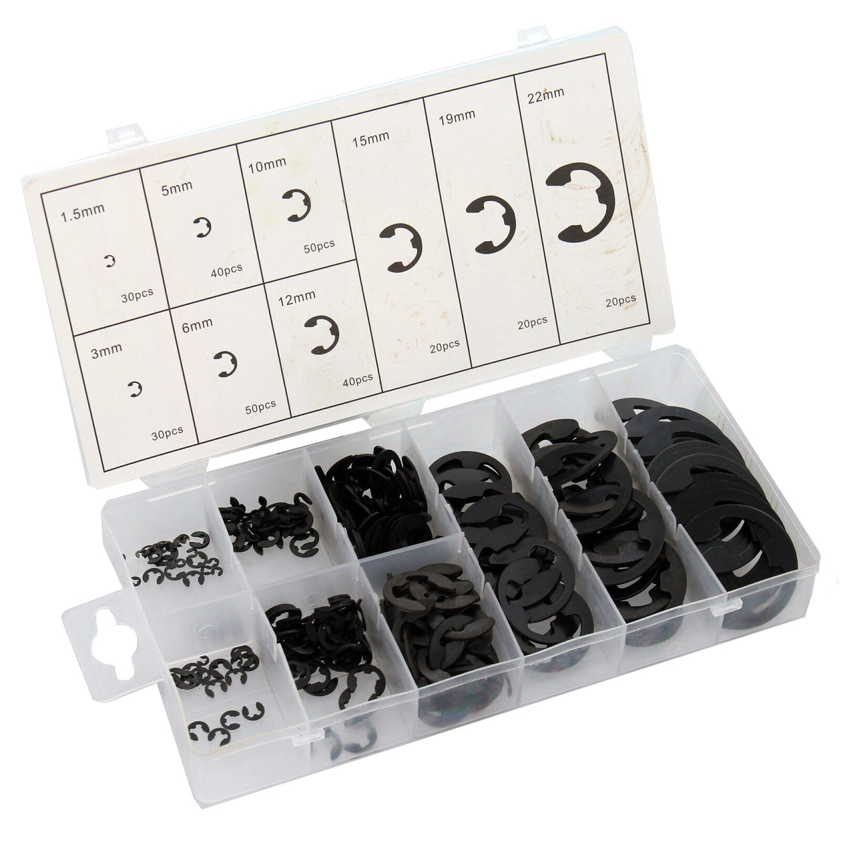 300 pièces ASSORTIMENT DE BAGUES DE RETENUE E-RINGS Rondelle de blocage 1,5-22 mm en acier à ressort