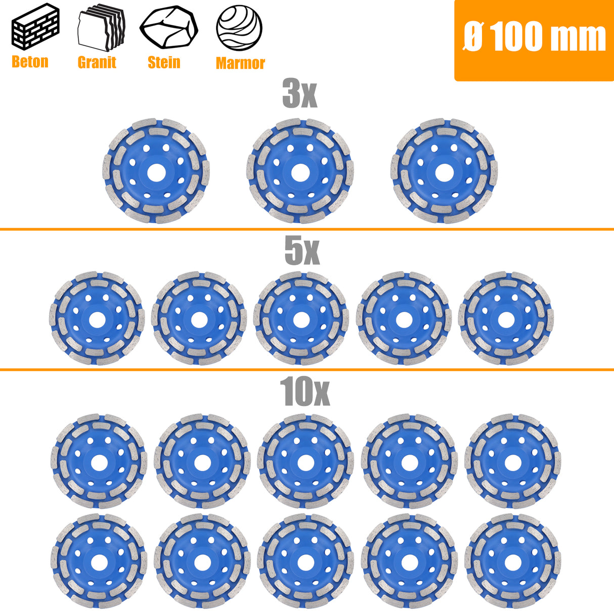 3/5/10 Disco abrasivo diamantato a doppia fila Disco abrasivo a tazza Calcestruzzo Ø 100mm