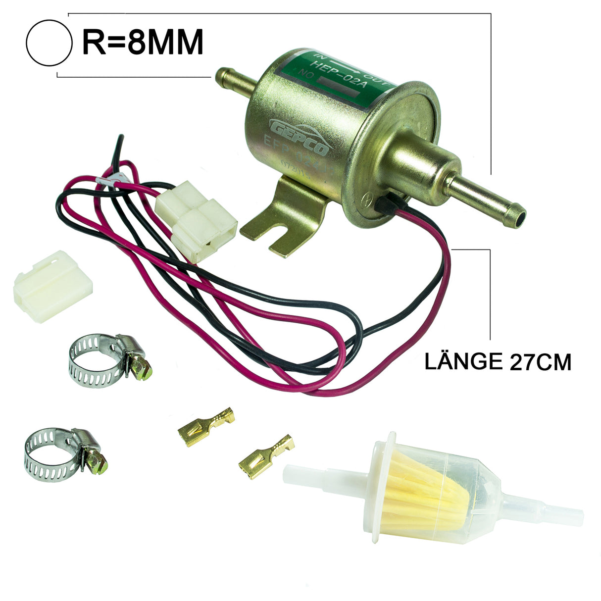 Pompa carburante UNIVERSALE pompa benzina + filtro gasolio D=8mm / lunghezza cavo 270 mm